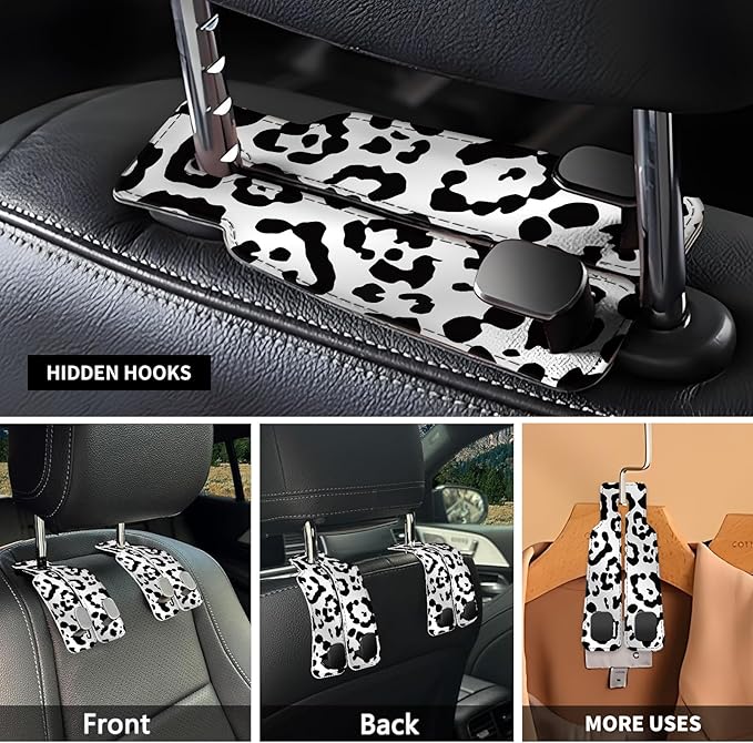 NUGGHU Car Seat Headrest Hook, Universal Leather Cute Hanger Holder Hook, Storage Organizer Interior Accessories for Purse Bags Handbag White Black Leopard