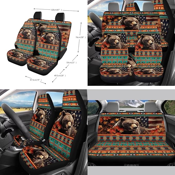 American Flag Printed Car Interior Cover Sets, Car Front Rear Seat Cover with Steering Wheel Protector Coaster Trash Can Air Vent Storage Bag, Universal Fits Auto Interior Accessories