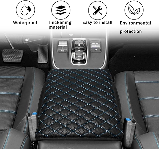 SENSHINE 1.2in Thickness Center Console Cover for Honda CRV Accessories 2023 2024 2025 2026 Middle Console Cover Leather Armrest Box Lid Protector Cushion Pad with Pockets Interior (Blue Stitch)