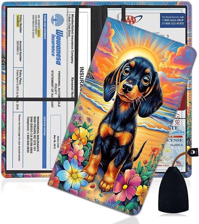 Yuxcfhjfe Car Registration Holder, PU Leather Vehicle Glove Box Organizer for Driver License, Document, Car Insurance Holder with Magnetic Shut, Auto Paperwork Wallet Case Accessories, Dachshund Dog