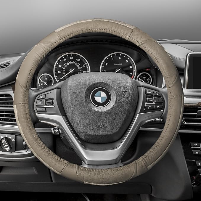 FH Group Universal Fit Deluxe Full Grain Authentic Leather Solid Beige Steering Wheel Cover Fits Most Cars, SUVs