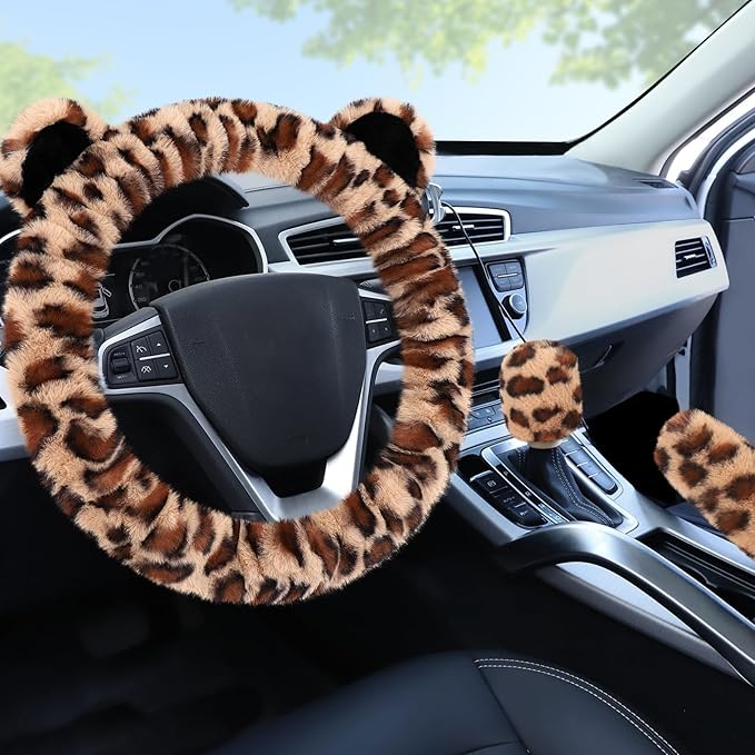 Accmor Fluffy Car Steering Wheel Cover, Leopard Fuzzy Vehicle Wheel Cover for Women Non-Slip Furry Warm Steering Wheel Protector with Cute Ears, Car Accessories 15 inch Universal Fit Auto, Suvs, Truck