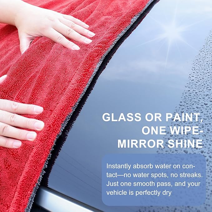 Singrune 2 Pack XL Car Drying Towel – 1300GSM Ultra Absorbent Microfiber, 24"x36" Large Size, Twisted Loop, Lint-Free & Streak-Free for Auto Detailing, Car, SUV, Truck(Gray-RED)