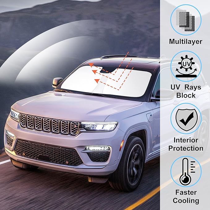 Windshield Sun Shade Custom Fit for 2024 Jeep Grand Cherokee 4XE Accessories Foldable Sunshade Sun Blocker Protect Car from Sun Rays & Heat Damage Keep Car Cooler