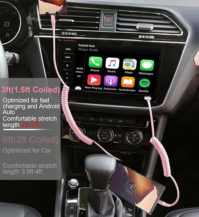 USB C to USB C Cable [3FT+6FT], 2Pack Coiled USBC Cable for Car USB Type C Fast Charging Cable, CarPlay iPhone USB-C Cable/Android Auto USB C Cord for iPhone 17/16/ 15/Pro Max/Samsung Galaxy S23-Pink