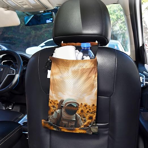 ALAZA Hanging Car Trash Bags Garbage Bag Trash Can for Back Seat Small Astronaut Sunflower Washable Storage Bag Retractable 2 Pack