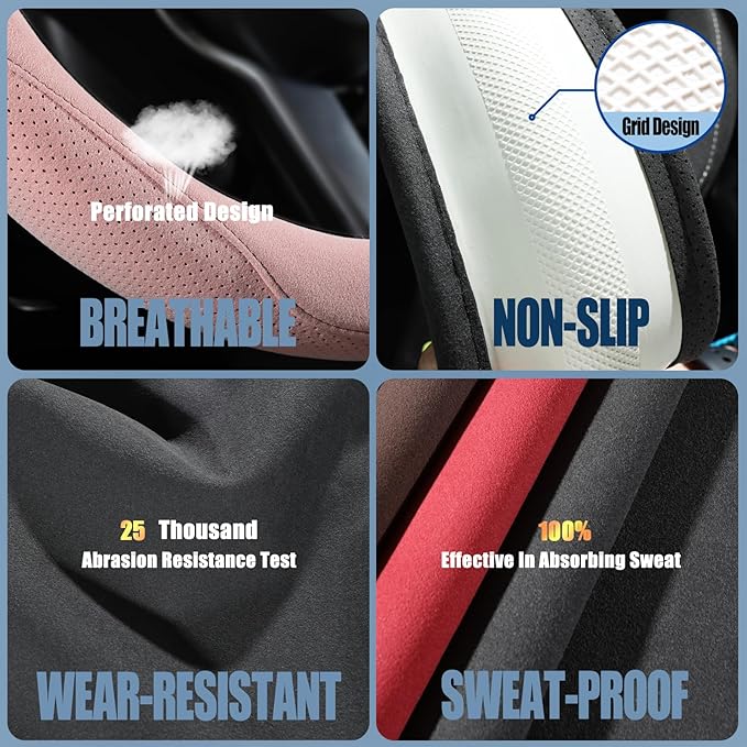 Pink Suede Steering Wheel Cover, Breathable Non-Slip Sweat-Proof Wear-Resistant No Pilling, Warm in Winter and Cool in Summer, Universal 15 inch