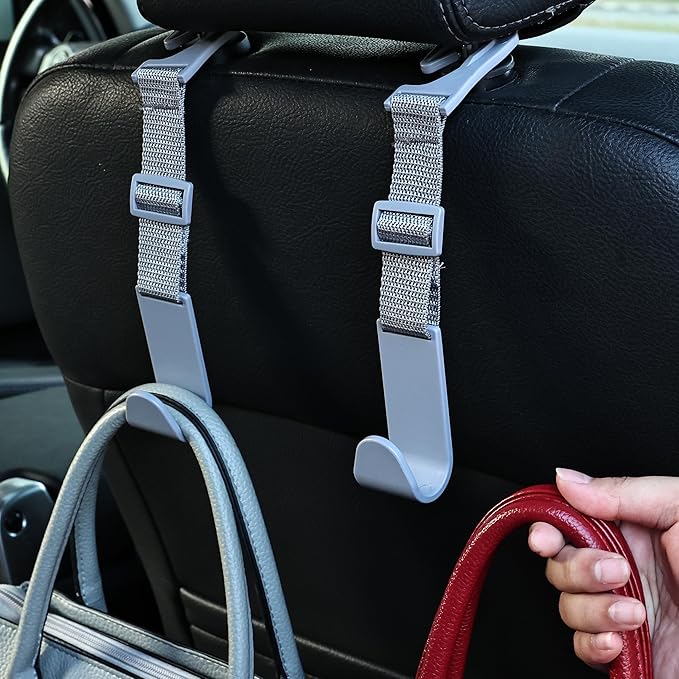 Amooca Headrest Hooks for Car Adjustable 4 Pack Vehicle Seat Back Organizer Storage Hanger Holder for Purse Bags Universal Fit Gray