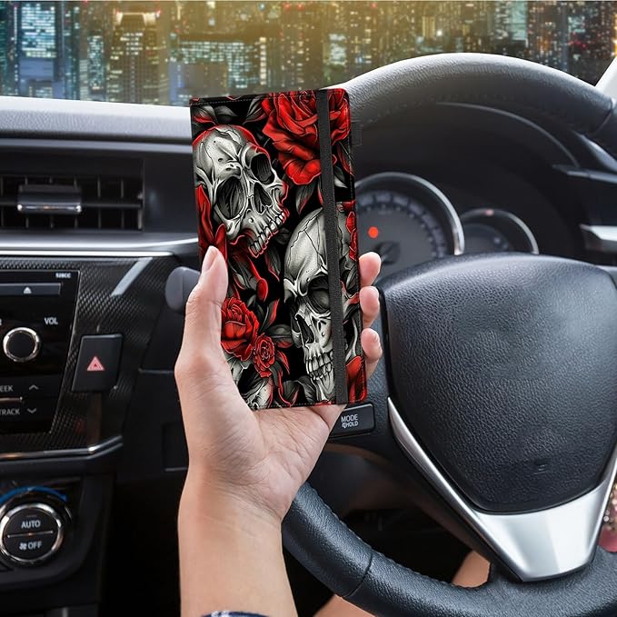 Decahouy Car Registration and Insurance Holder,Leather Vehicle Glove Box Organizer Wallet for Document,Perfect for any Car,Truck,Motorcycle,Driver License,Trailer or Boat,Men & Women,Skull Red Rose