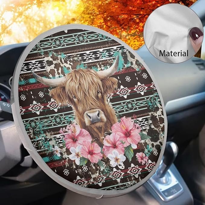 Aztec Universal Steering Wheel Cover Sun Block Highland Cow Car Rudder Reflector Protector for SUV Vehicle Sedan Truck Car Accessories Gift for Her