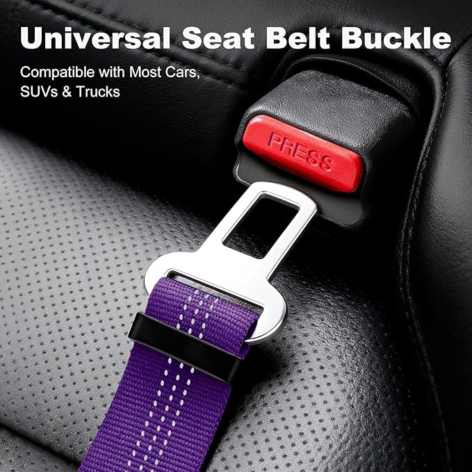 APakBak Dog Seat Belt for Car, Adjustable Dog Car Harness Seatbelt for Small Medium Large Dogs, Heavy Duty Travel Safety Restraint with Locking Aluminum Hook & Reflective Nylon Strap, Purple