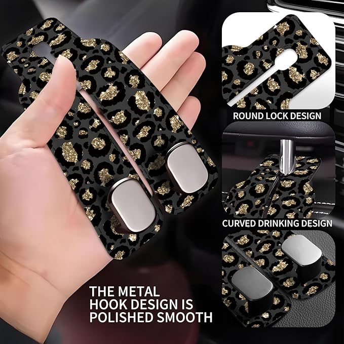 AXBSAKDI Car Seat Back Storage Headrest Hook, Premium Leather Double Metal Hook, Hanger Storage Organizer for Purse Cloth Bag, Car Interior Accessories Glitter Gold Leopard