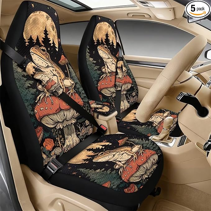 Psesaysky 5 Piece Car Accessories Set Mushroom Frog Comfort Front Seats Covers Set of 2, Car Seat Belt Pads with Center Console Armrest Cushion Universal Fit Most Truck SUV Van