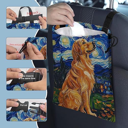 Vintage Starry Night Car Trash Bag,Watercolor Golden Retriever Hanging Drawstring Car Garbage Bag,Canvas Car Back Seat Organizer with Adjustable Buckle for Men and Women