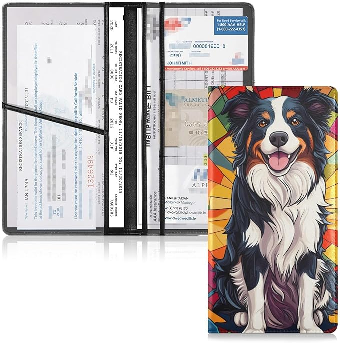 Cute Stained Glasses Australian Shepherd Dogs Car Registration and Insurance Holder Vehicle Glove Box Organizer Car Accessories Wallet Case for Women Men 202b8656