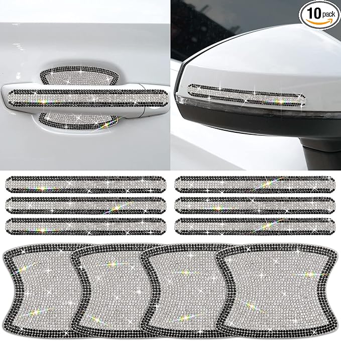 Gengki 10PCS Car Door Handle Bling Rhinestones Stickers Universal Auto Door Handle Scratch Cover Guard Protective Film Pad with Safety Reflective Strips