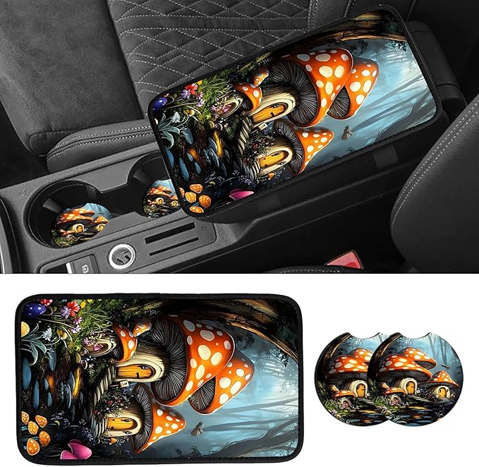 JANENFNA Car Armrest Cover Pads Universal Fashion Cute Auto Center Console Armrest Cover Pad with 2PCS Car Coasters Soft Waterproof Car Armrest Seat Protector for Women,Mushroom House
