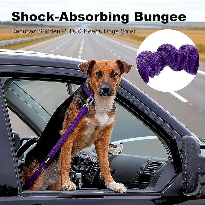 APakBak Dog Seat Belt for Car, Adjustable Dog Car Harness Seatbelt for Small Medium Large Dogs, Heavy Duty Travel Safety Restraint with Locking Aluminum Hook & Reflective Nylon Strap, Purple
