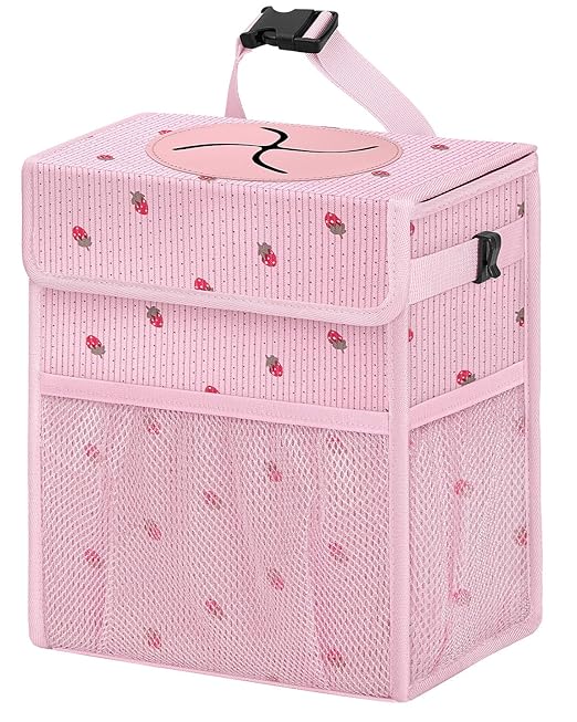 HORJONES Corduroy Car Trash Can with Lid and Mesh Pockets - Leakproof Organizer,Multipurpose Waterproof Garbage Can/Trash Bin for Car(Pink Base with Red Strawberry Print -2 Gallons)