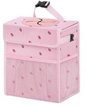 HORJONES Corduroy Car Trash Can with Lid and Mesh Pockets - Leakproof Organizer,Multipurpose Waterproof Garbage Can/Trash Bin for Car(Pink Base with Red Strawberry Print -2 Gallons)
