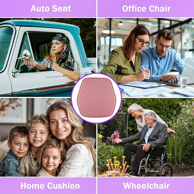 Thin Gel Seat Cushion for Car Seat, Office Chair, Wheelchair, Golf Cart - Non-Slip Car Seat Cushions with 0.7 Inch Gel - Sciatica & Coccyx Pain Relief (Fabric, Pink)