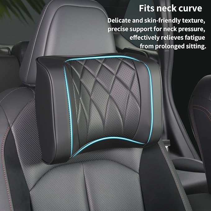 Dapucarin Car Headrest Pillow U-Shaped, Memory Foam Head Neck Support Cushion for Driving, Leather Head Rest Travel Pillows for Sleeping, Breathable Removable Cover, Black, 1 Pack