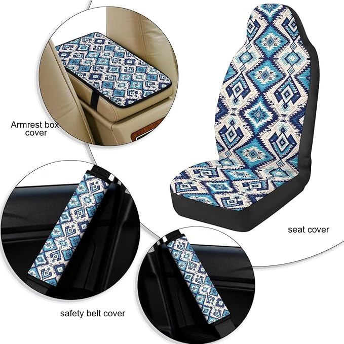 FUSURIRE Aztec Rhombus Leather Front Seat Covers & Seat Belt Covers &Center Armrest Pad Universal Car Accessories for SUV,Van,Saden,Truck Automobile Interior Sets