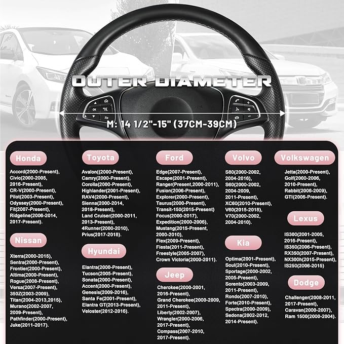 SEG Direct Steering Wheel Cover for Car, Standard Size 14.5-15 inch, Auto Interior Accessories, Black and Pink