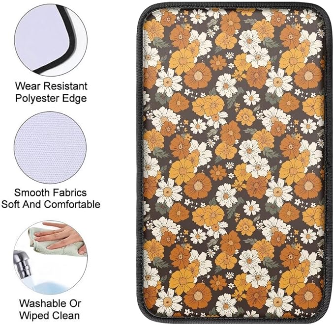 Mintutlipy Hippie Flower Orange Car Center Console Cover Car Armrest Cushion Cover Universal Car Accessories Compatible with Most Cars