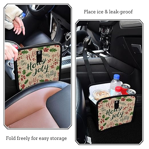Car Trash Can Organizer Bin with Adjustable Strap for Back Front Seat Console Waterproof Leakproof Collapsible Portable 11 Inch Beige Cherries Holly Jolly