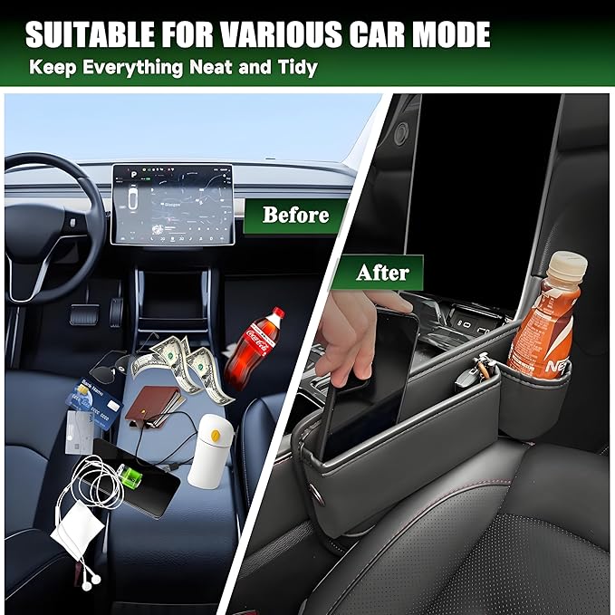 AIUSLN 2026 Upgraded 2 PC (L+R) Premium Leather Car Seat Gap Filler Organizer with Cup Holder & Storage Slot/Bag– Fits Front Seat, Holds Phone, Glasses, Cards,Keys,Car/SUV/Truck Christmas Gifts