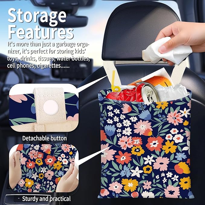 BEAKND Hanging Car Garbage Bag, Cute Car Trash Can Bag, Automotive Accessories for Women Men Cute Colorful Flower