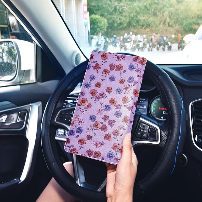 ALAZA Red Blue Flowers Floral Car Registration and Insurance Card Holder Vehicle Glove Box Car Organizer Driver License Documents Holder Waller Case Organizers