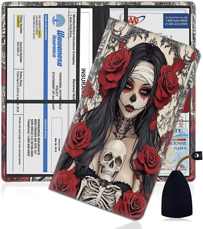 Car Registration Holder, PU Leather Vehicle Glove Box Organizer for Driver License, Document, Car Insurance Holder with Magnetic Shut, Auto Paperwork Wallet Accessories, Halloween Sugar Skull Girl