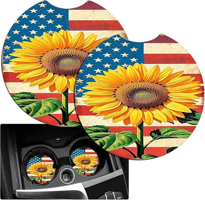 JANENFNA Car Armrest Cover Pads Universal Fashion Cute Auto Center Console Armrest Cover Pad with 2PCS Car Coasters Soft Waterproof Car Armrest Seat Protector for Women,Flag Sunflower