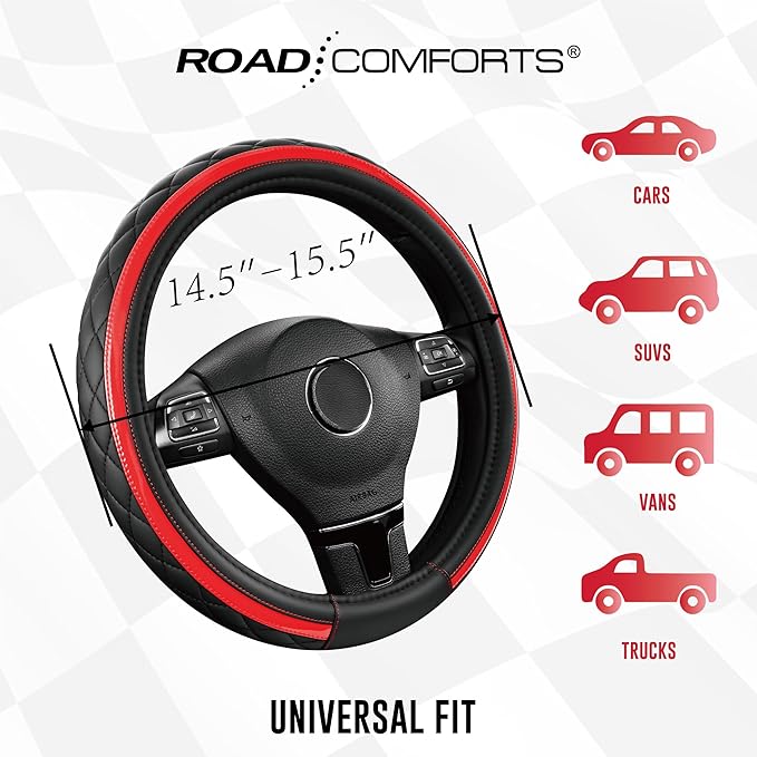 Road Comforts Leather Steering Wheel Cover – Black & Red Universal Fit 14.5-15 Inch, Microfiber Leather, Anti-Slip & Breathable Design for Men and Women