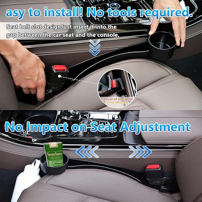 Seat Gap Filler Compatible with Mazda CX-5.Deeper Than Standard Retail Models(7.5cm)|Added Cup Holder (2 Fixed Points) + Hooks + Charging Cable Port |2pcs Black| Free Window Break Hammer 1pcs|