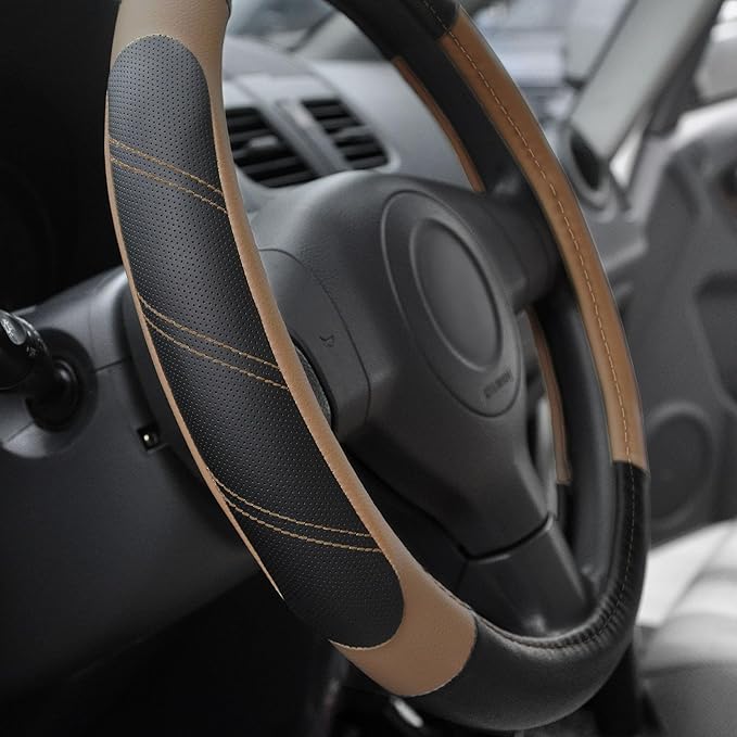 Elantrip Leather Steering Wheel Cover 15 1/2-16 inch Universal Padded Soft Grip Breathable for Car Truck SUV Jeep Anti Slip Brown
