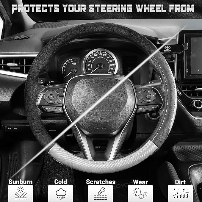 SEG Direct Steering Wheel Cover for Car, Standard Size 14.5-15 inch, Auto Interior Accessories, Black with Sliver Carbon Fiber Pattern