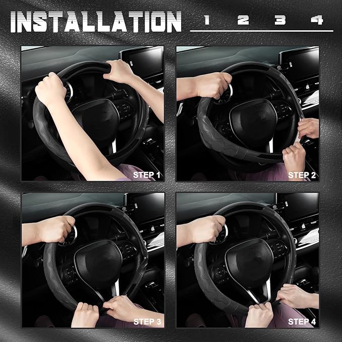 SEG Direct Car Steering Wheel Cover Medium Size 14 1/2"-15" Embossed Microfiber Leather with Carbon Fiber Pattern Black