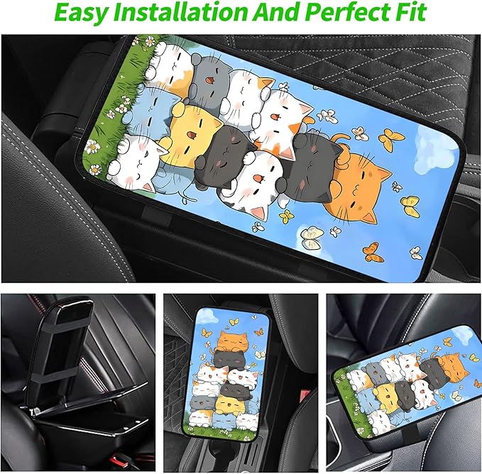 JANENFNA Car Armrest Cover Pads Universal Fashion Cute Auto Center Console Armrest Cover Pad with 2PCS Car Coasters Soft Waterproof Car Armrest Seat Protector for Women,Cute Cat Butterfly
