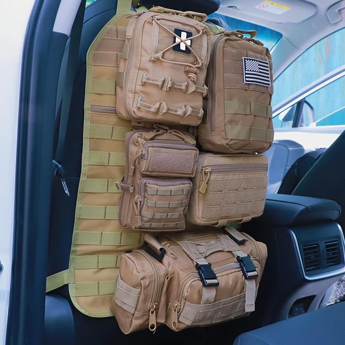 Universal Tactical Car Seat Back Organizer Bag Tactical Molle Vehicle Organizers Panel Vehicle Protector Organizers with 5 Detachable Pouches for Car Truck Ford Jeep (Model B-Khaki)