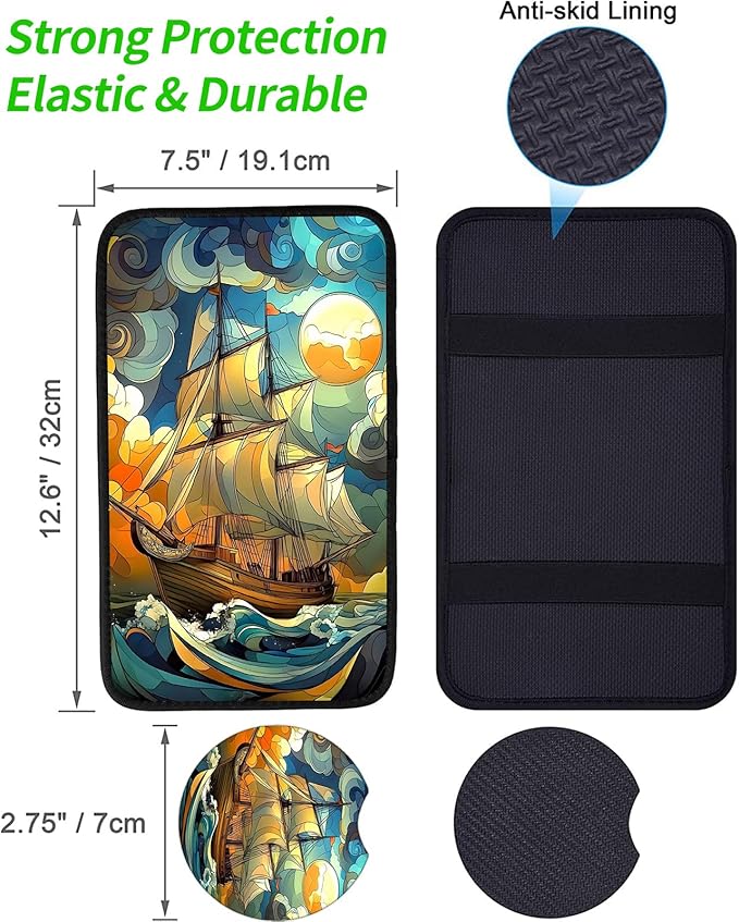 JANENFNA Car Armrest Cover Pads Universal Fashion Cute Auto Center Console Armrest Cover Pad with 2PCS Car Coasters Soft Waterproof Car Armrest Seat Protector for Women,Ocean Sailboat