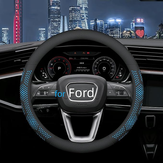 Yangday Leather Steering Wheel Cover for Ford F150 F250 F350, 15.5-16 inches Car Steering Wheel Cover with Non-Slip Breathable (Blue)