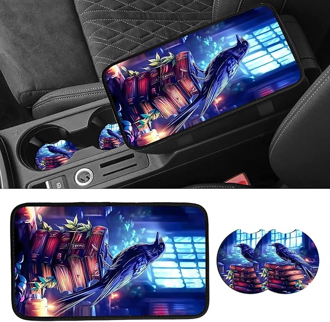 JANENFNA Car Armrest Cover Pads Universal Fashion Cute Auto Center Console Armrest Cover Pad with 2PCS Car Coasters Soft Waterproof Car Armrest Seat Protector for Women,Crow Standing on Books