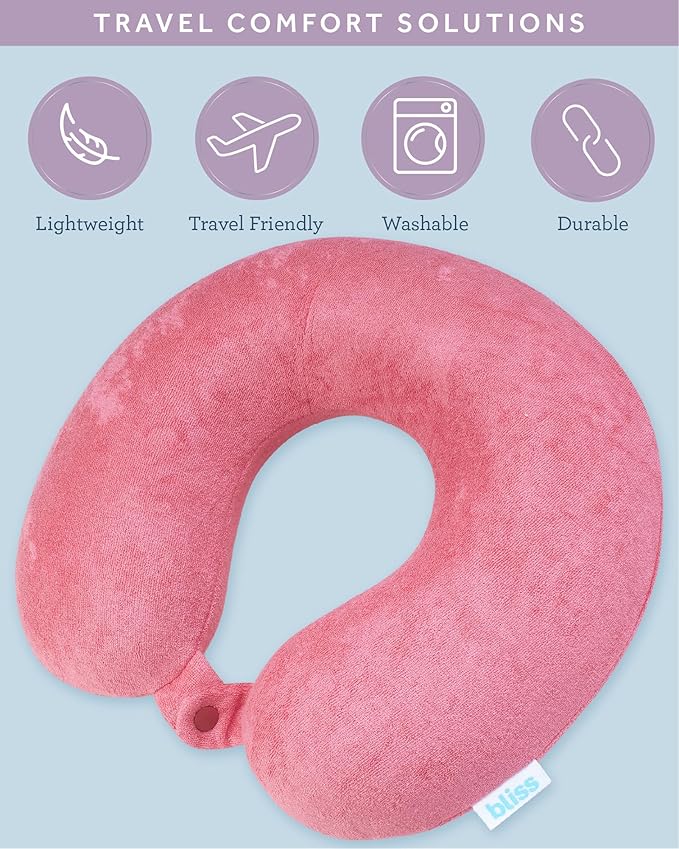 Bliss Neck Pillow - Lightweight U-Shaped Memory Foam Travel Neck Pillow with Snap Closure for Airplanes, Traveling, Offices, Cars, Hibiscus Terry