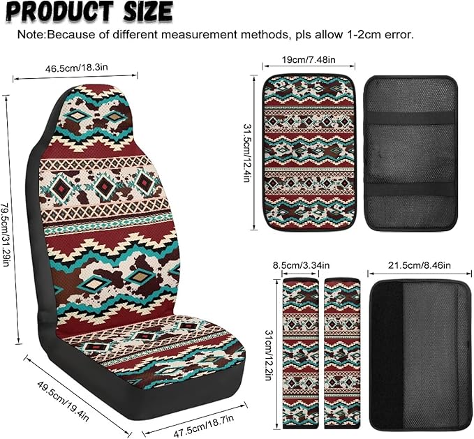 Qeluxign 5 Piece Car Seat Covers Full Set, Tribal Cow Print Front Seats Cover/Auto Seatbelt Shoulder Pads/Vehicle Center Console Armrest Cover, Universal Car Accessories Men Women Gifts
