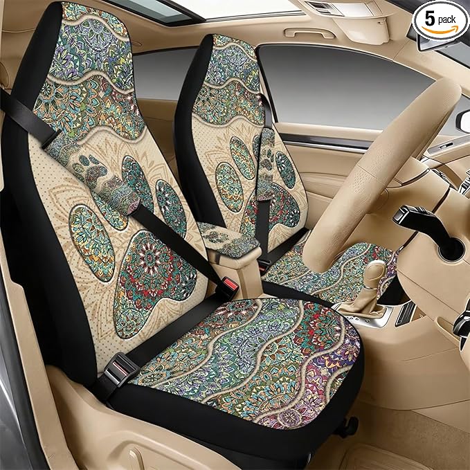 Psesaysky Boho Paw Car Accessories Set for Men Women Cute Car Seat Covers with Center Console Cover Pad Auto Seat Belt Cover Universal Fit Most Truck SUV Van