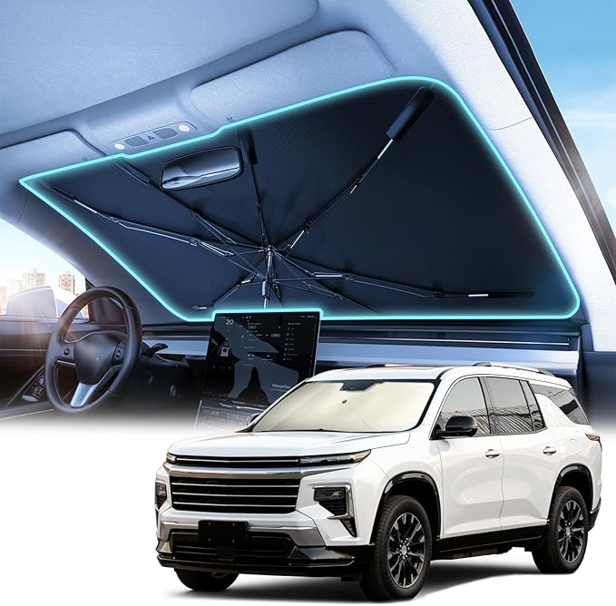 Nmoiss Windshield Sun Shade Umbrella – Custom-Fit for Traverse 2018–2025, Vinyl Coating Heat Shield, 99% UV Blocking, Keep Large SUV Interior Cool, Heavy-Duty Spring Structure