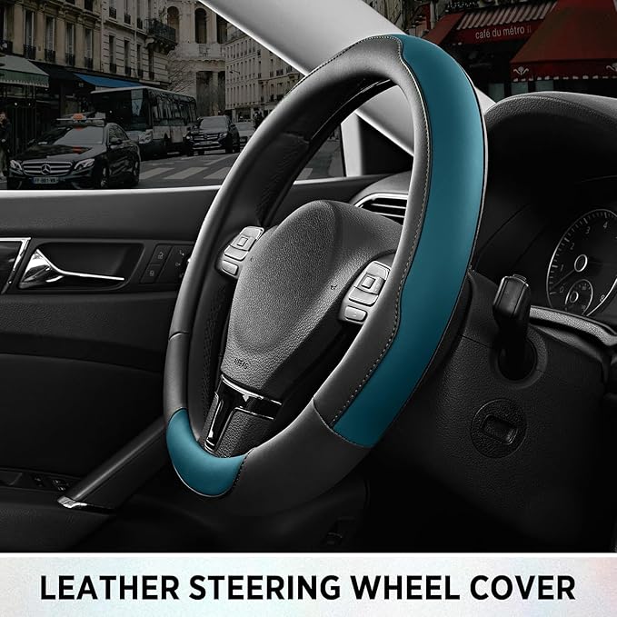 Road Comforts Steering Wheel Cover, Breathable Anti-Slip Leather Steering Wheel Cover, Universal Fit 14.5–15 Inch, Comfortable Grip - Blue Color